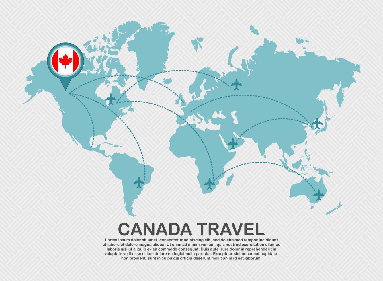 reise nach kanada plakat mit weltkarte und fliegendem flugzeugweg geschäftshintergrund tourismuszielkonzept.eps vektor