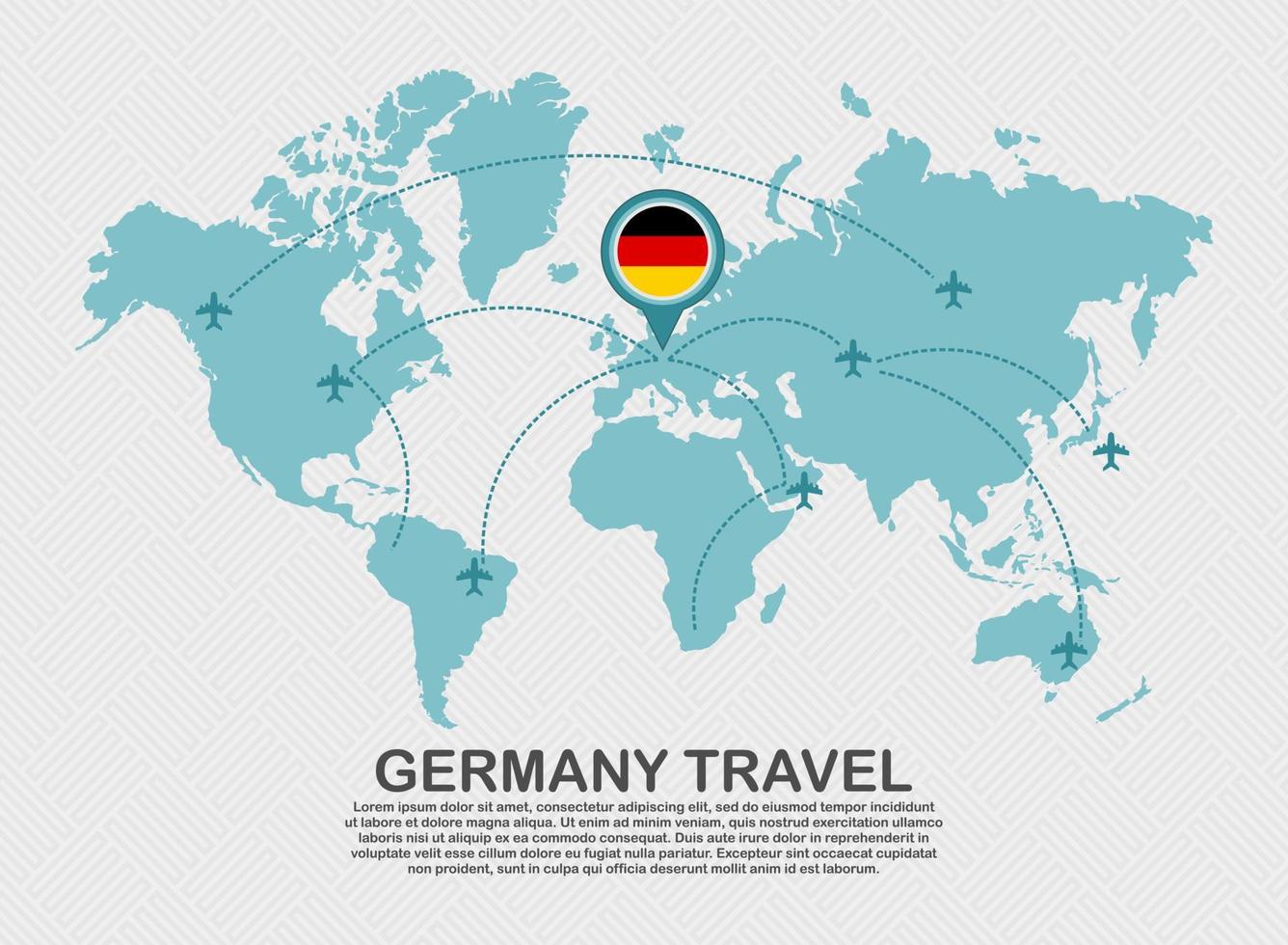 reise nach deutschland plakat mit weltkarte und fliegendem flugzeugweg geschäftshintergrund tourismuszielkonzept.eps vektor