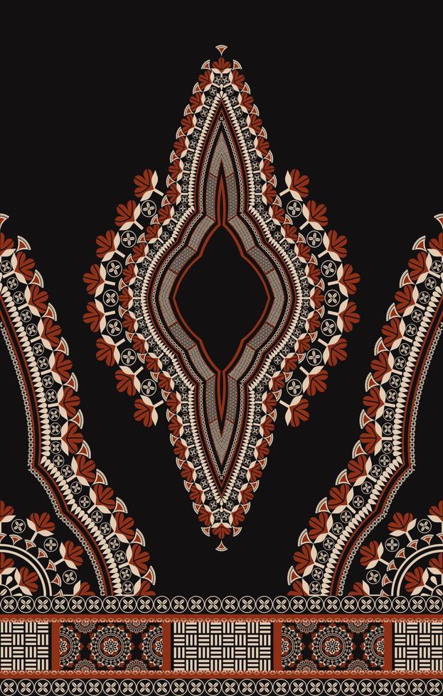 ethnisches westafrikanisches Dashiki-Kleid Blumenmuster auf schwarzem Hintergrund. tribal art hemden mode. Halsstickerei-Ornamente. vektor