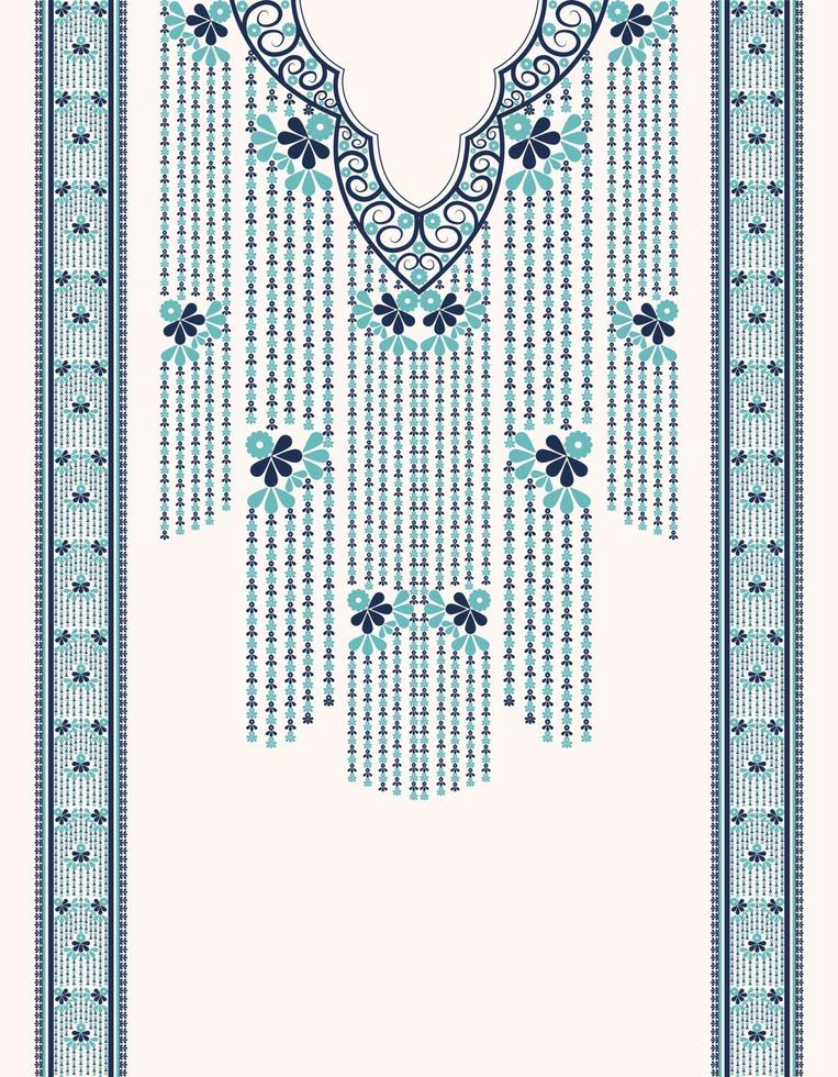 etnisk blå Färg nacke broderi klänning blommig mönster på vit bakgrund. skön stam- konst feminin stil. vektor