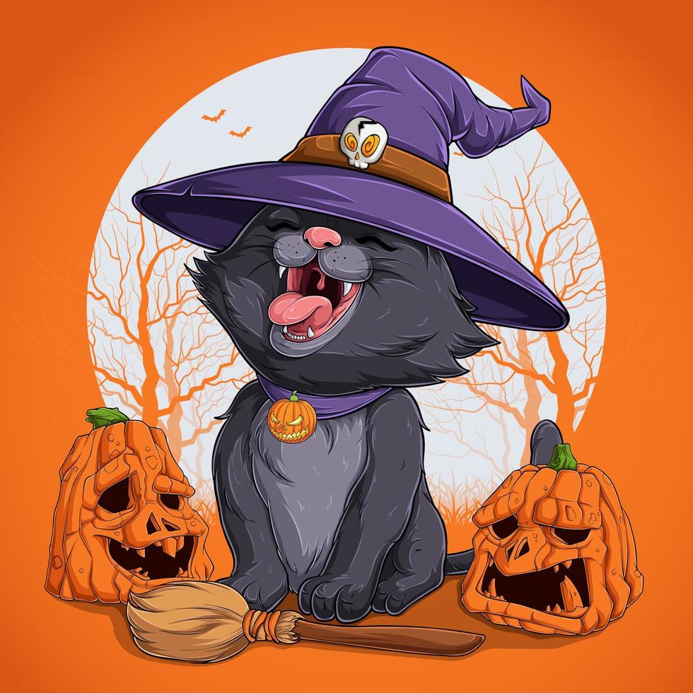 rolig svart katt i halloween maskera Sammanträde på en kvast och bär häxa hatt med pumpor vektor