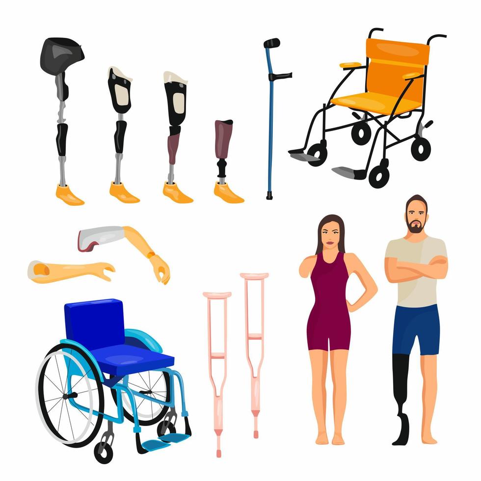 eine Reihe von Behinderungselementen und Menschen mit Behinderungen. Vektorillustration im Cartoon-Stil. vektor