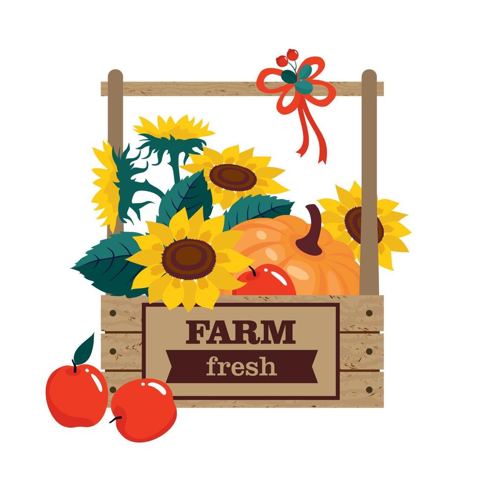 Kürbis, Sonnenblumenstrauß, rote Äpfel in einer Holzkiste mit der Aufschrift Farm Fresh. vektor