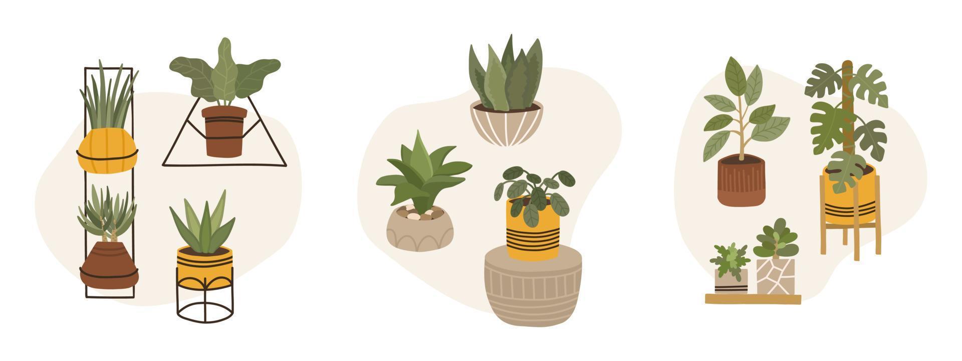 Reihe trendiger skandinavischer Boho-Topfpflanzen für zu Hause. gemütlicher Hausgarten im Hygge-Stil eingerichtet. verschiedene Indoor-Zimmerpflanzen isoliert auf weißem Hintergrund. vektor