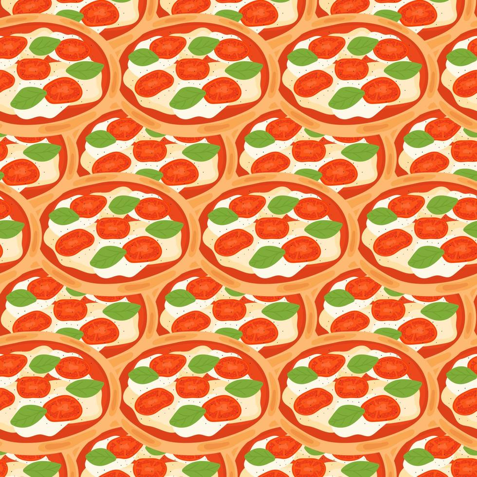 sömlös mönster med italiensk traditionell pizza med mozzarella, tomater, basilika. vektor