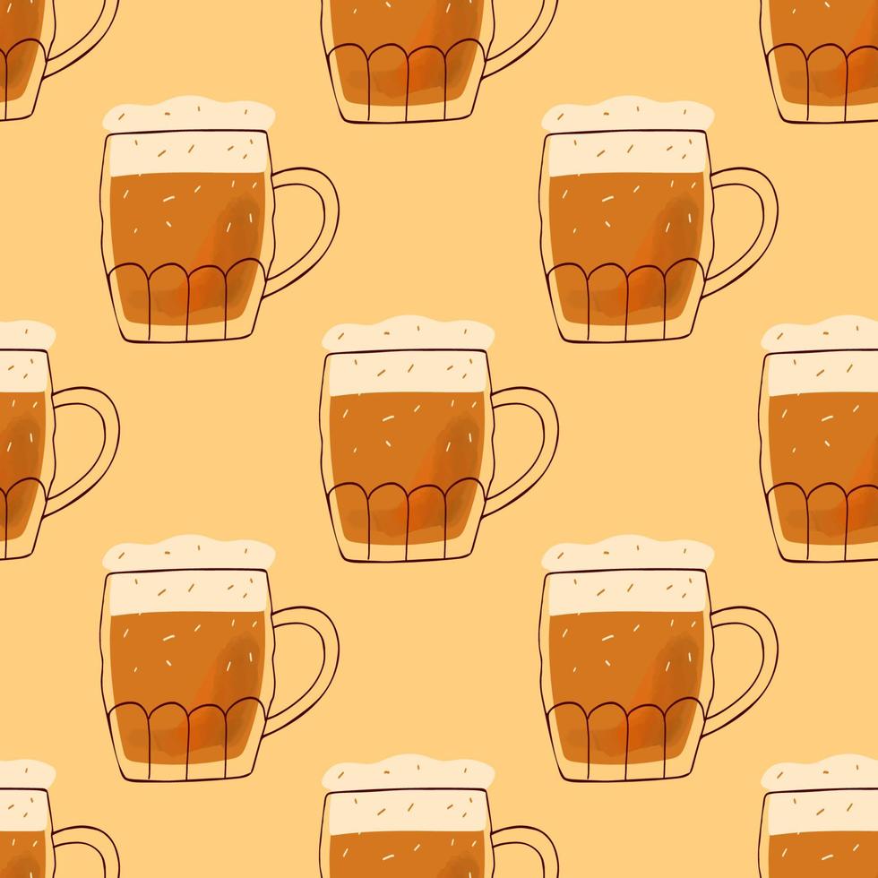 seamles mönster med stiliserade illustration muggar av öl på gul bakgrund vektor
