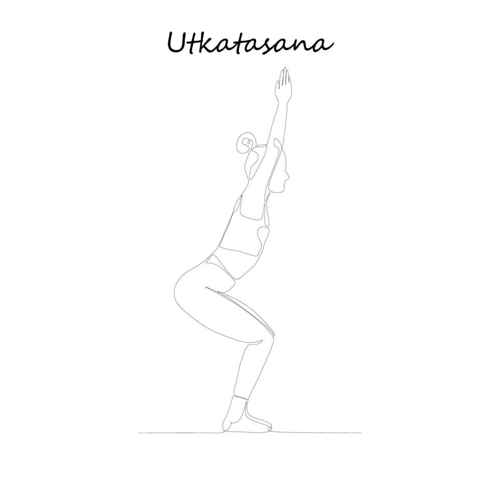 kontinuierliche Linienzeichnung. junge Frau, die Yoga-Übungen macht, Silhouettenbild. eine linie gezeichnete schwarz-weiß-illustration. utkatasana vektor