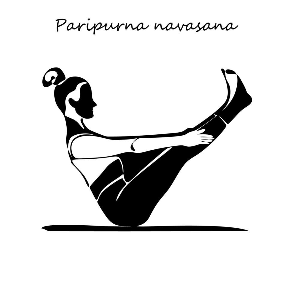 kontinuerlig linje teckning. ung kvinna framställning yoga träning, silhuett bild. en linje dragen svart och vit illustration. paripurna navasana yoga utgör vektor