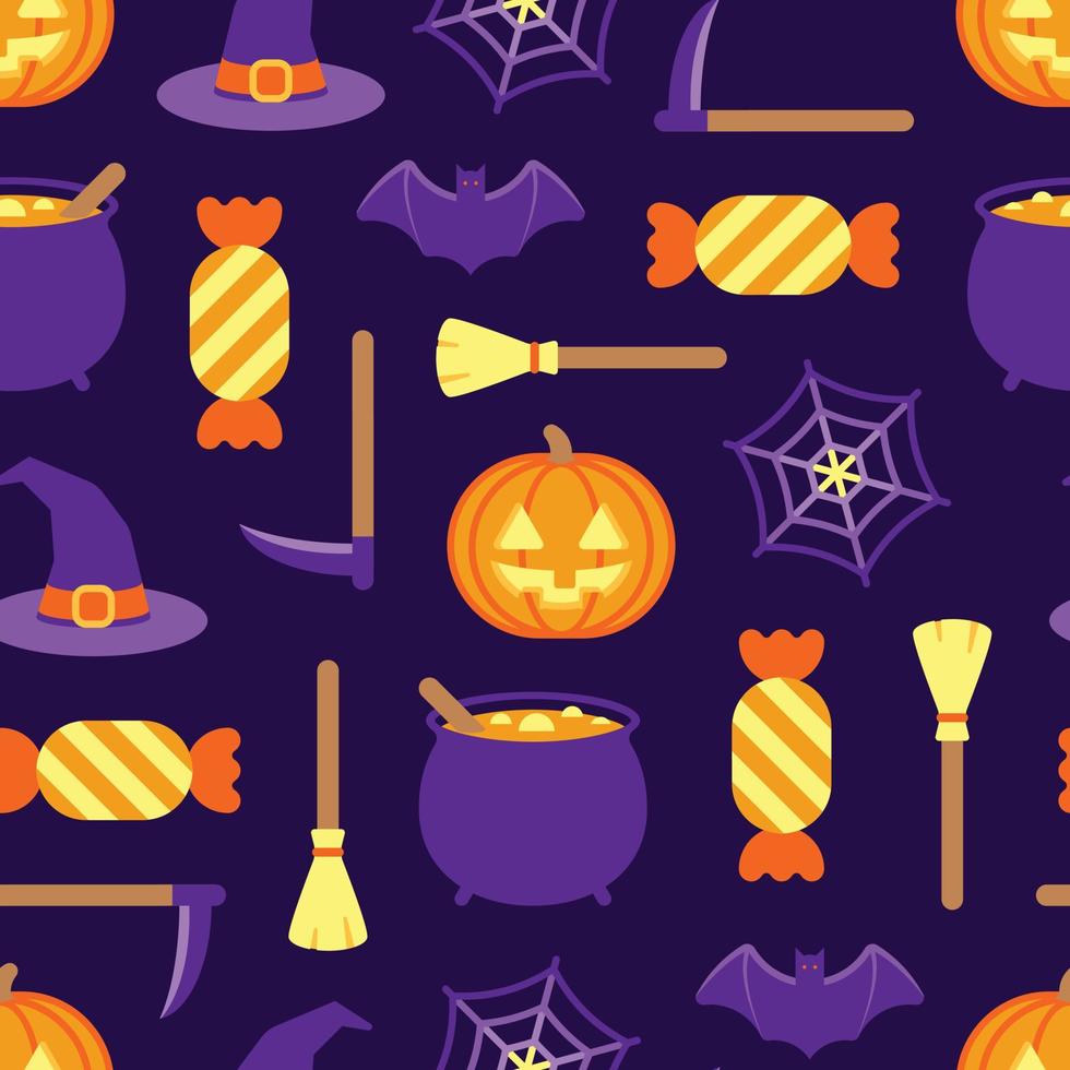 halloween themed nahtloses muster von orange und lila farbigen symbolen vektor
