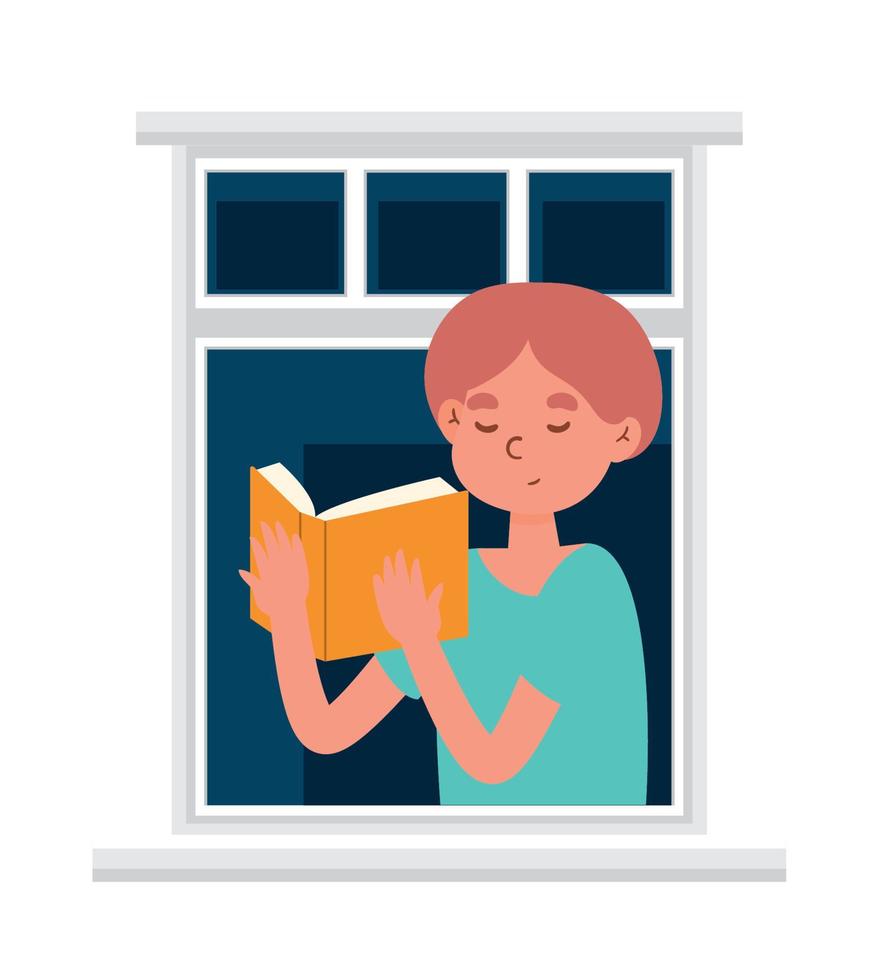 pojke läsning en bok i fönster vektor