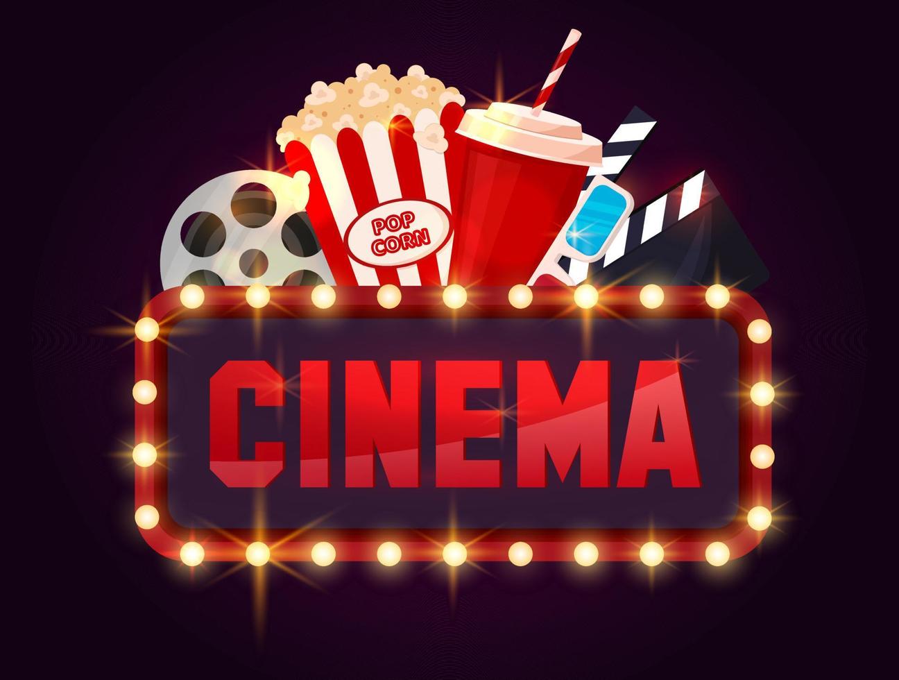 Filmplakat. kinobanner mit popcorn, soda, clapperboard. leuchtendes Kinobanner. Vektor-Illustration. vektor