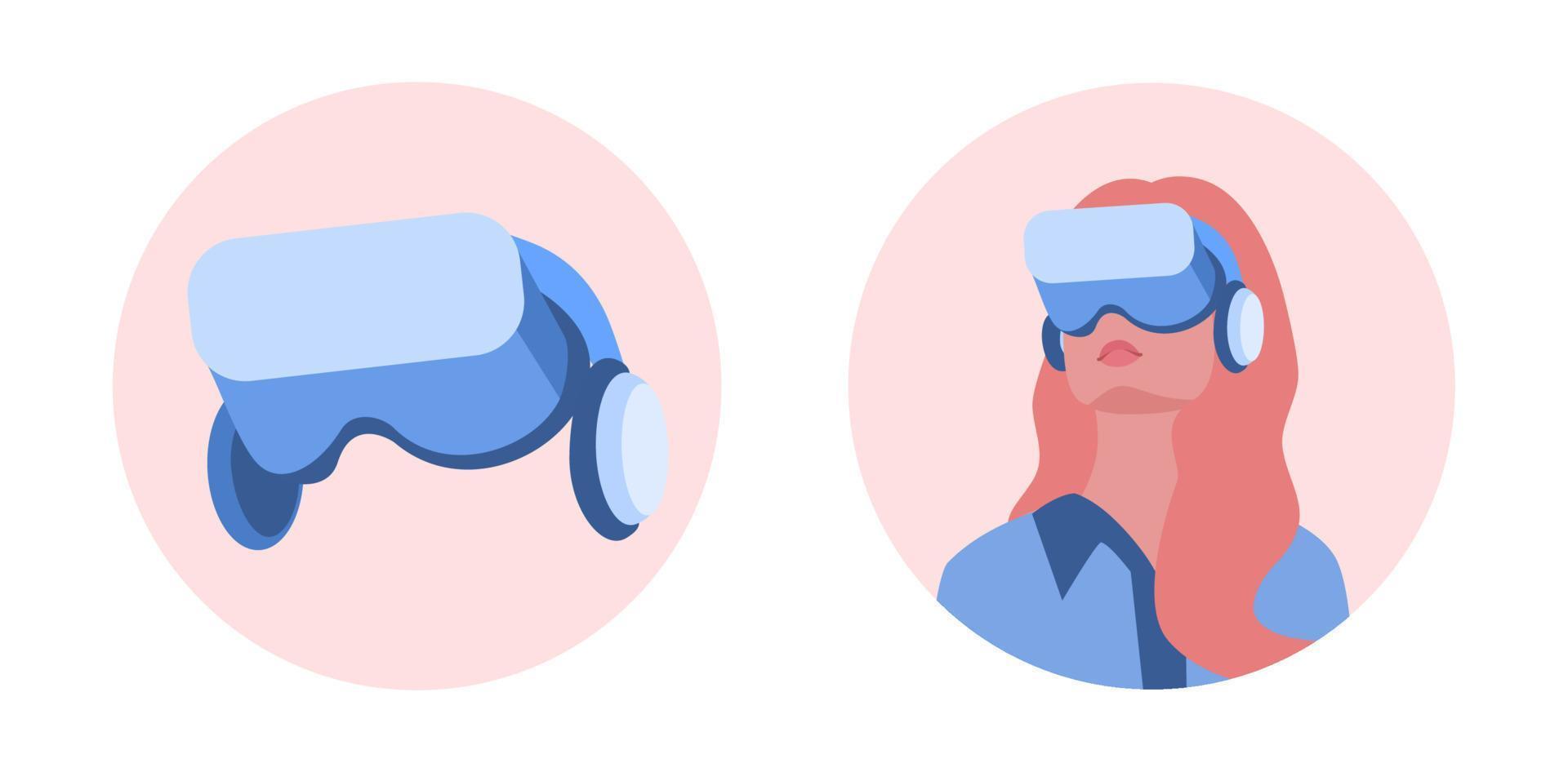 metavers eller virtuell verklighet begrepp. kvinna med glasögon och en headsetet vr ansluten till de virtuell Plats. ikon uppsättning. vektor