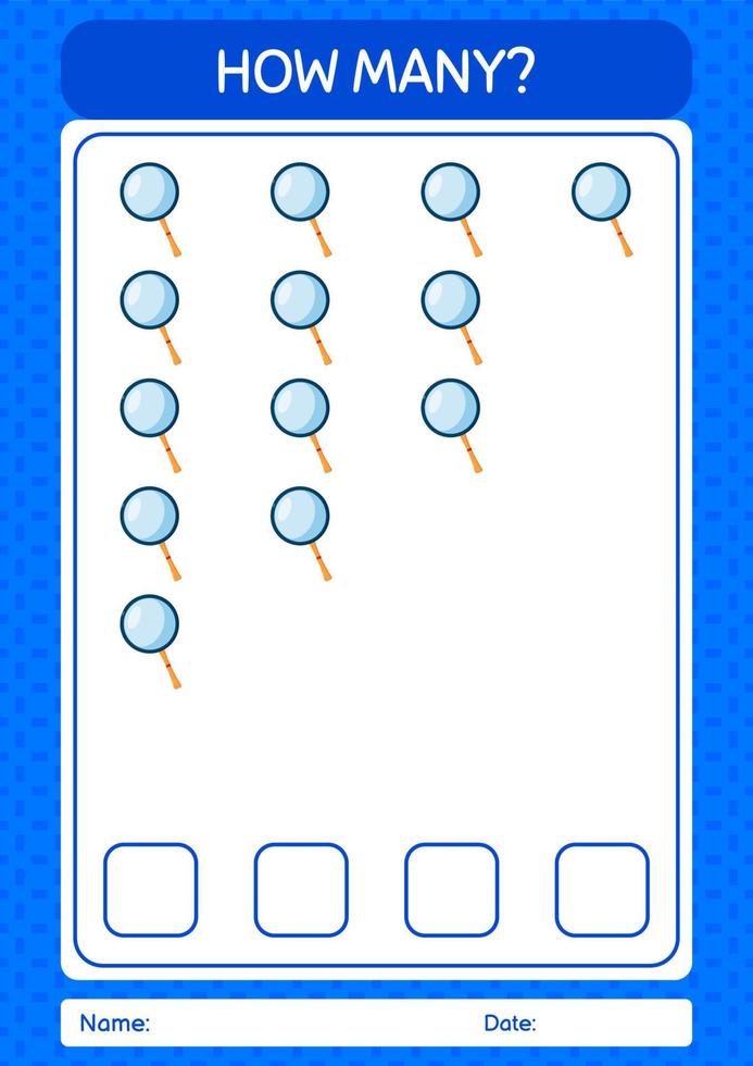hur många räknar spel med förstoringsglas. arbetsblad för förskolebarn, aktivitetsblad för barn vektor