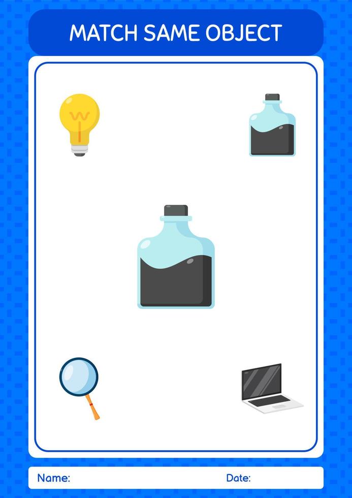 matcha med samma objekts spelbläckflaska. arbetsblad för förskolebarn, aktivitetsblad för barn vektor