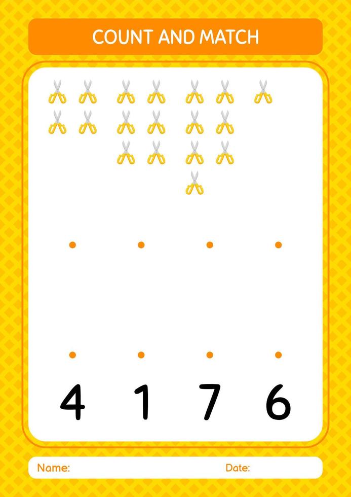 räkna och matcha spel med sax. arbetsblad för förskolebarn, aktivitetsblad för barn vektor