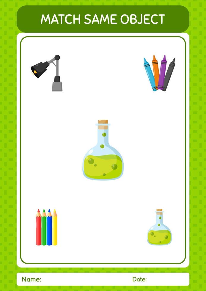 matcha med samma objekt spel kemikalieflaska. arbetsblad för förskolebarn, aktivitetsblad för barn vektor