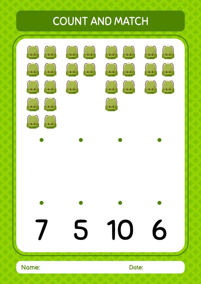 räkna och matcha spel med ryggsäck. arbetsblad för förskolebarn, aktivitetsblad för barn vektor