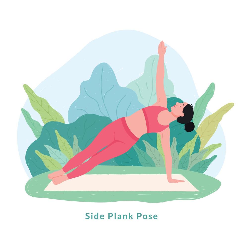 Seitenplanken-Pose Yoga-Pose. junge frau frau, die yoga für yoga-tagesfeier tut. vektor