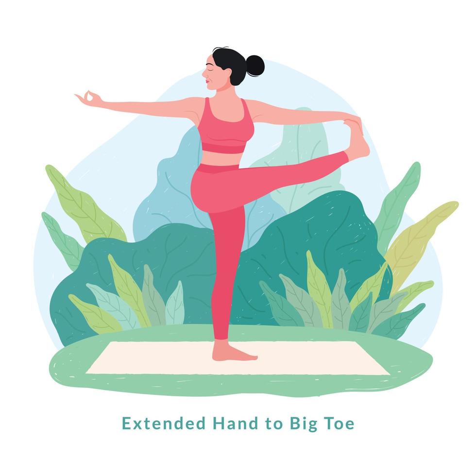Ausgestreckte Hand zur Yoga-Pose des großen Zehs. junge frau frau, die yoga für yoga-tagesfeier tut. vektor