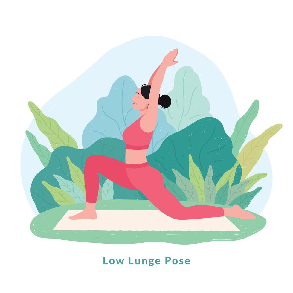 Yoga-Pose mit niedrigem Ausfallschritt. junge frau frau, die yoga für yoga-tagesfeier tut. vektor