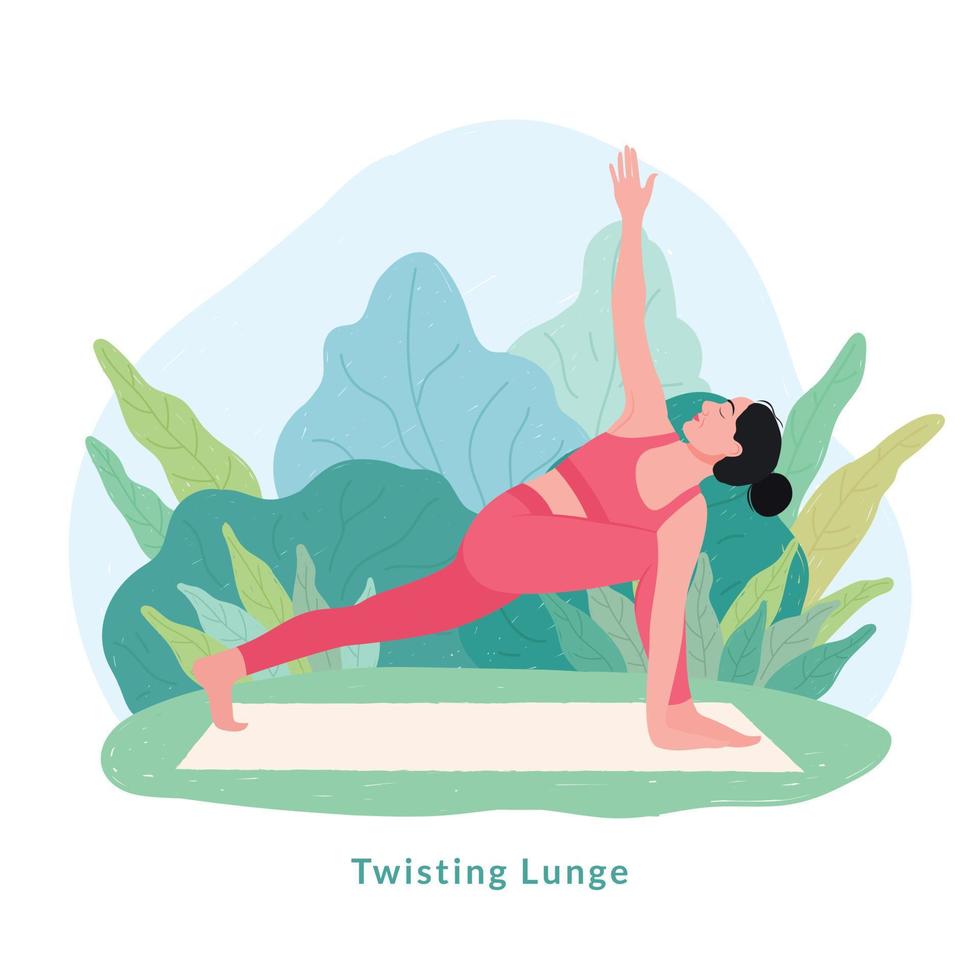 Twisting Longe Yoga-Pose. junge frau frau, die yoga für yoga-tagesfeier tut. vektor