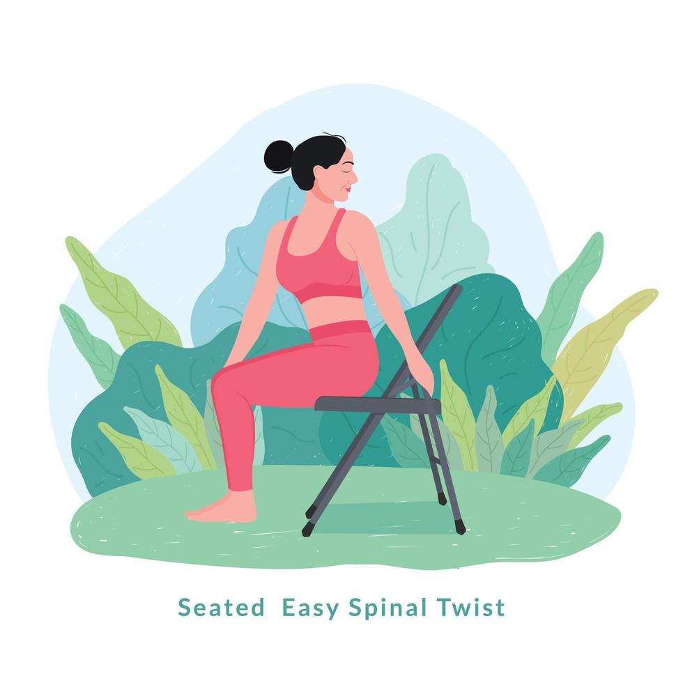 sittande lätt spinal vrida yoga utgör. ung kvinna kvinna håller på med yoga för yoga dag firande. vektor