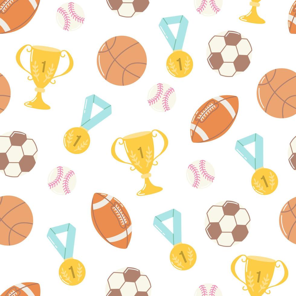 Sportbälle, Medaillen und Pokale, Basketball, Baseball, Rugby und Fußball. Vektor nahtlose Muster auf weißem Hintergrund