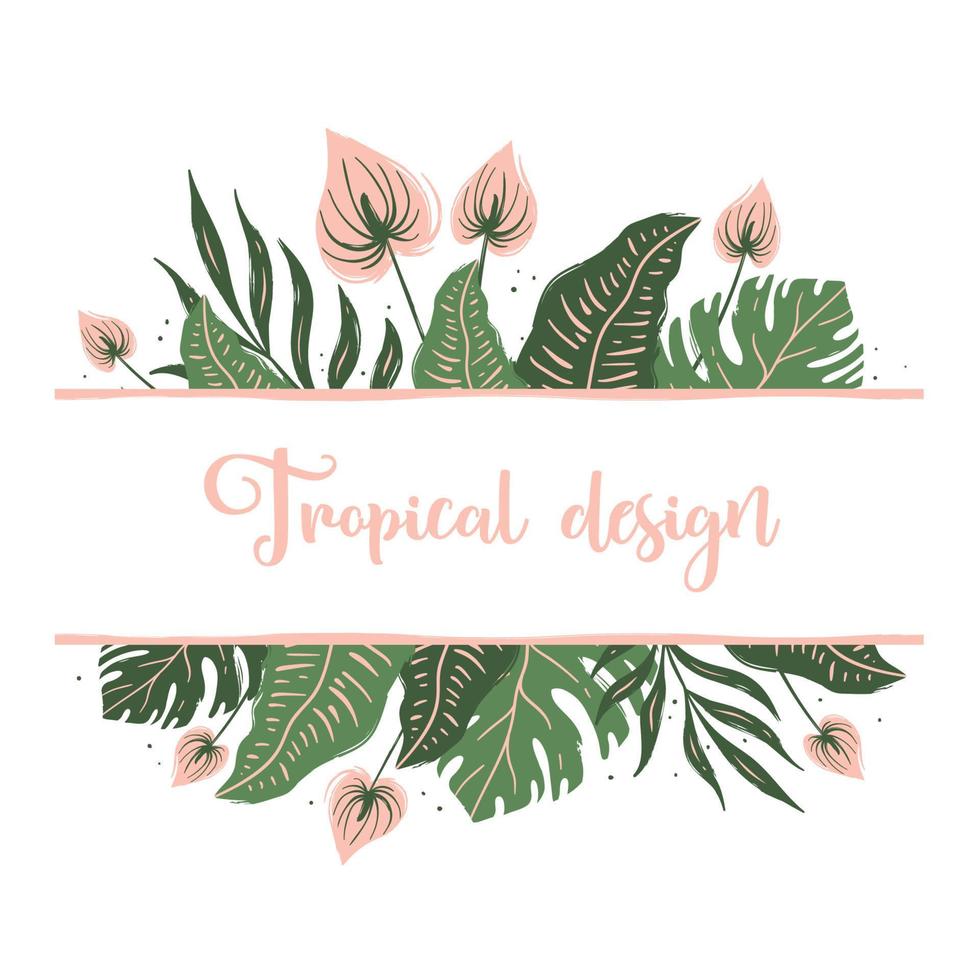 mall för hälsning kort med tropisk löv och blommor vektor