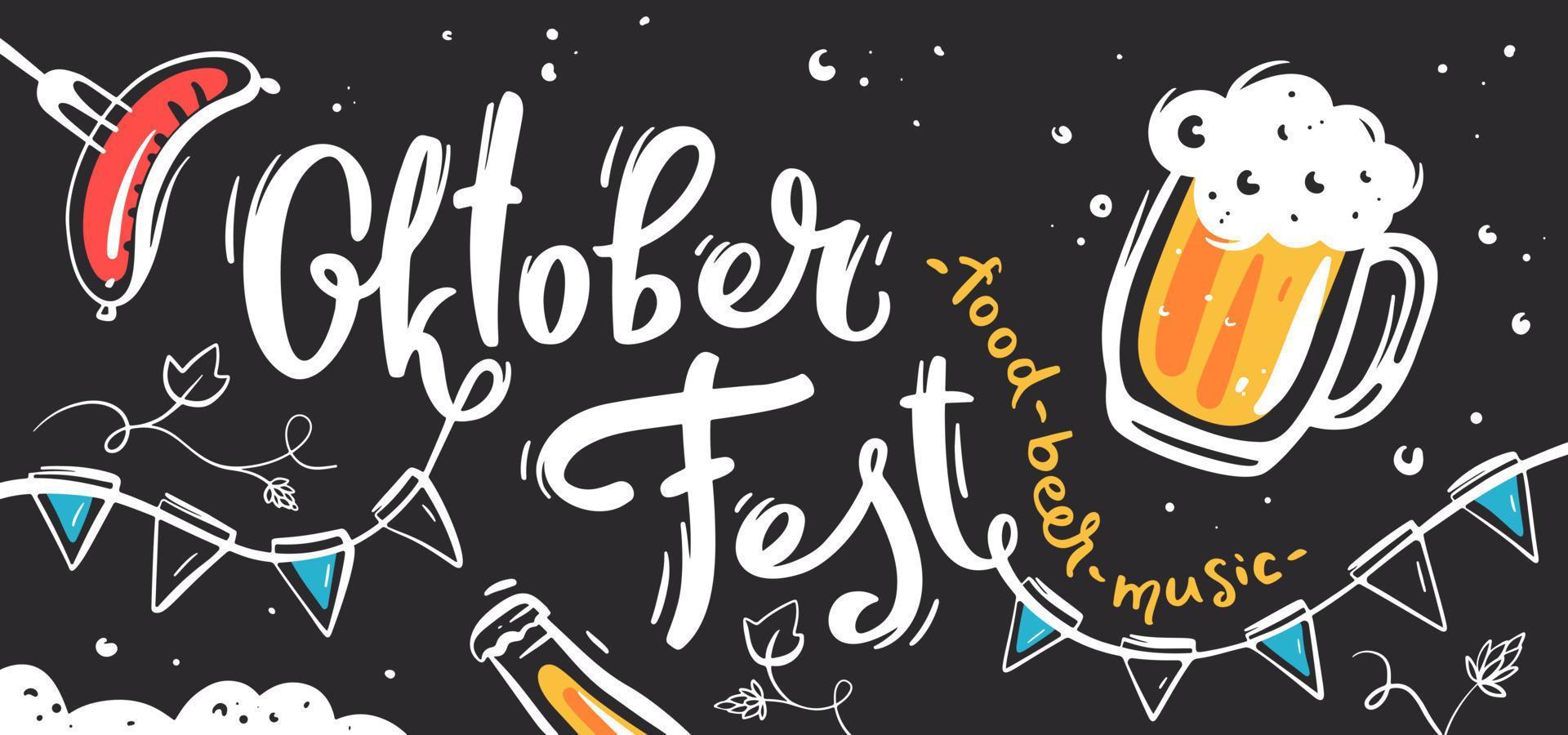 bakgrund med hand text oktoberfest för öl festival. vektor illustration med korv, öl råna och vit text