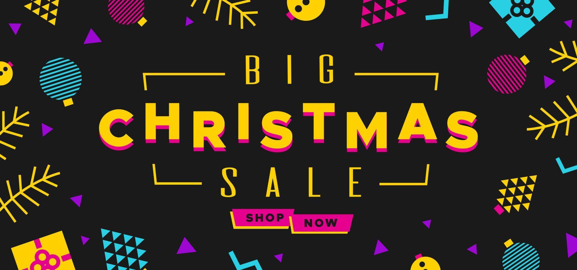 jul försäljning baner i de stil av de 80s med flerfärgad bollar, gran grenar och gåvor vektor