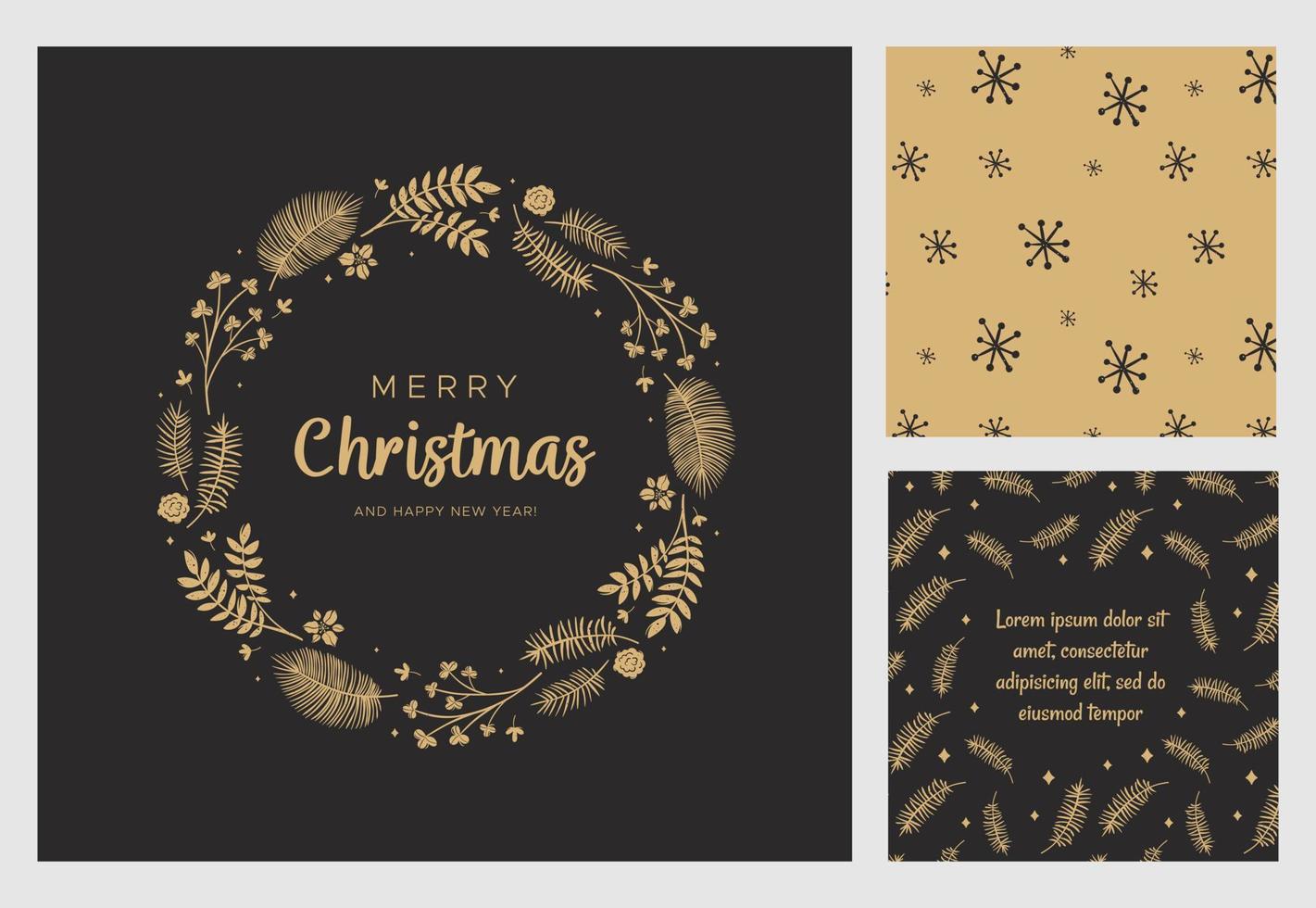 Grußkarte der frohen Weihnachten und des guten Rutsch ins Neue Jahr. Kranz mit Blattgold, Tannenzweigen und Tannenzapfen vektor