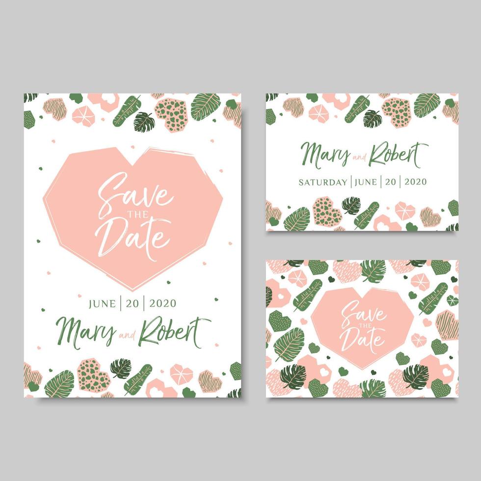 Hochzeitseinladungskarten mit Herzen und tropischen Blättern vektor