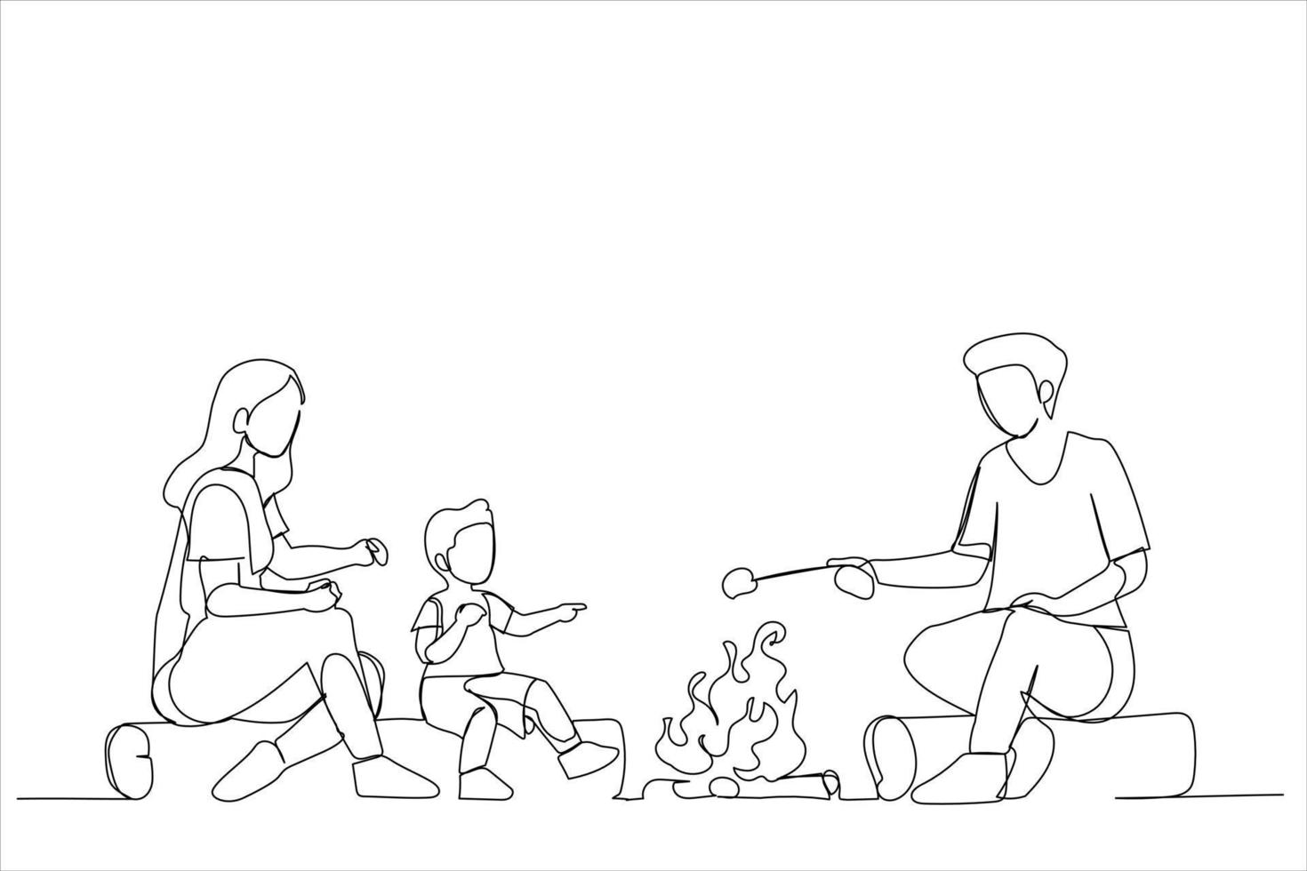 Illustration einer Familie, die zusammen am Lagerfeuer sitzt, ein Lied singt, Gitarre spielt, brennende Marshmallows. Kunst im Stil einer Linie vektor