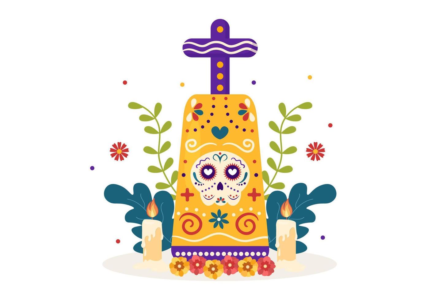 dia de los muertos eller dag av de död- mall hand dragen tecknad serie platt illustration mexikansk Semester festival med tatuering skallar, maracas och sombrero vektor