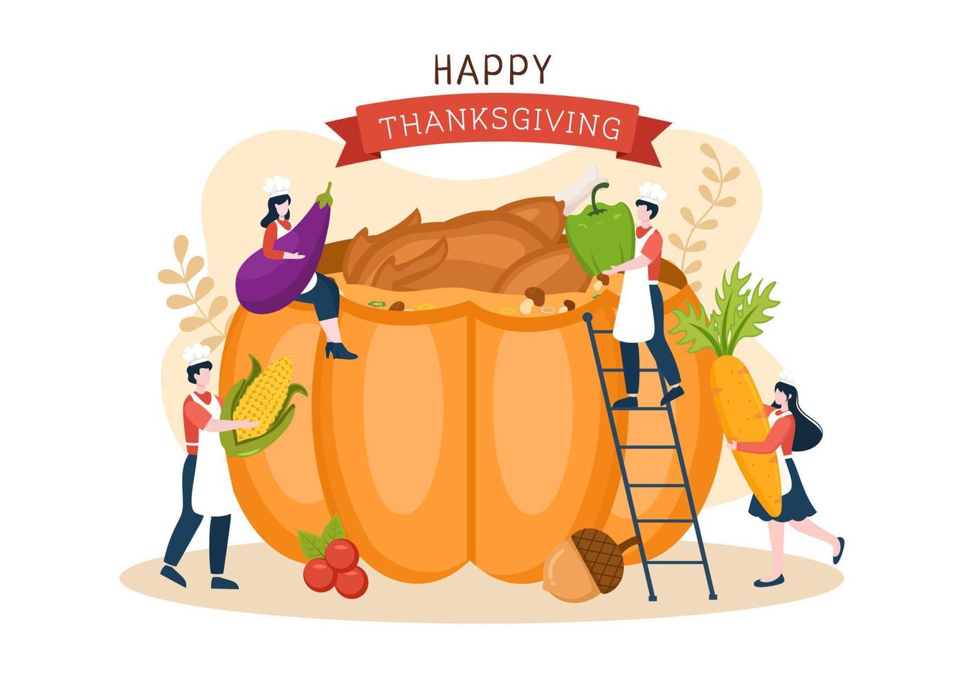 Lycklig tacksägelse firande mall hand dragen tecknad serie platt illustration med Kalkon, löv, kyckling eller pumpa design vektor