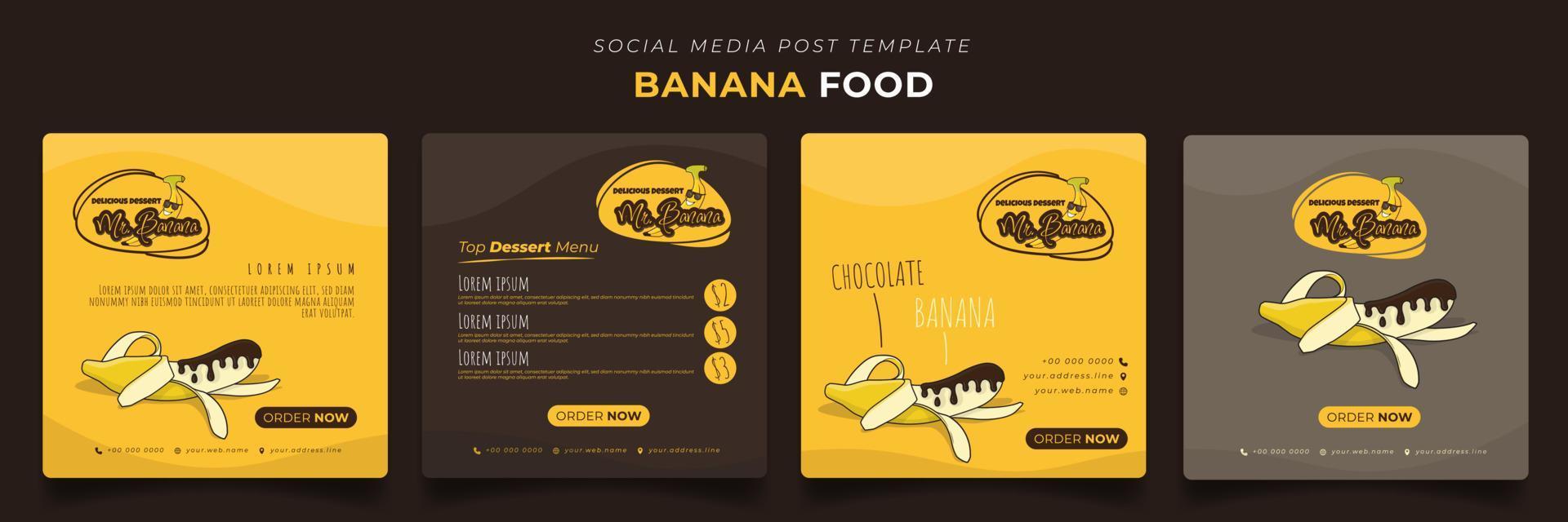 social-media-beitragsvorlage mit geschmolzener schokolade auf banane für bananenwerbedesign vektor