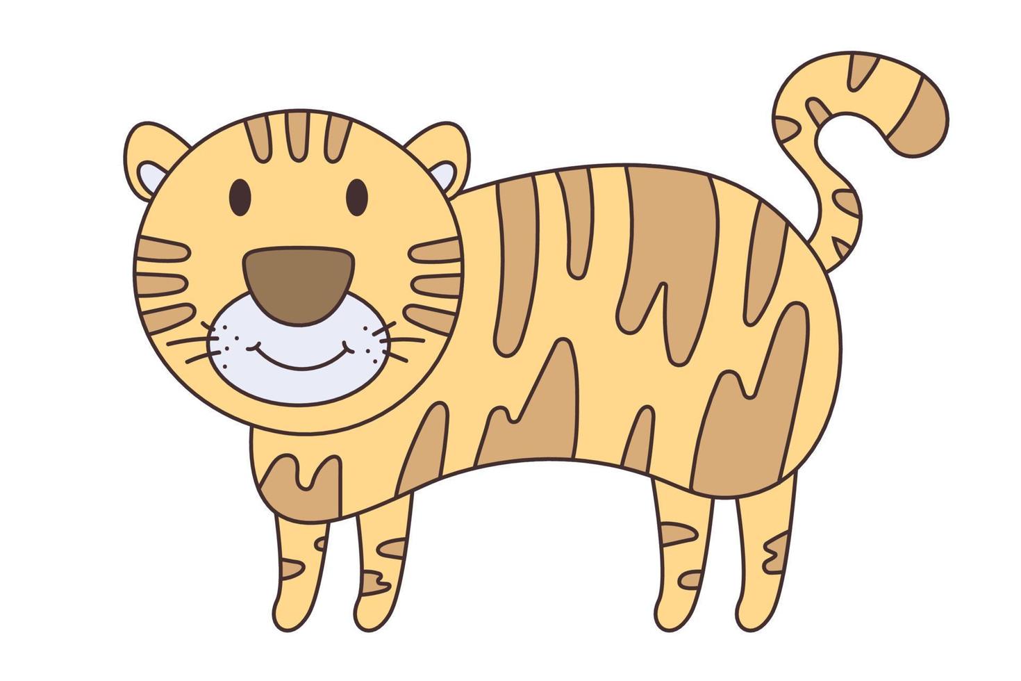 Vektor-Cartoon-Tiger. afrikanisches Tier. lustiger freundlicher Tiger. lustiger süßer Tiger. Entzückendes kleines afrikanisches Tier für Modedruck, Kinderbekleidung, Kindergarten, Poster, Einladung, Grußkartendesign vektor