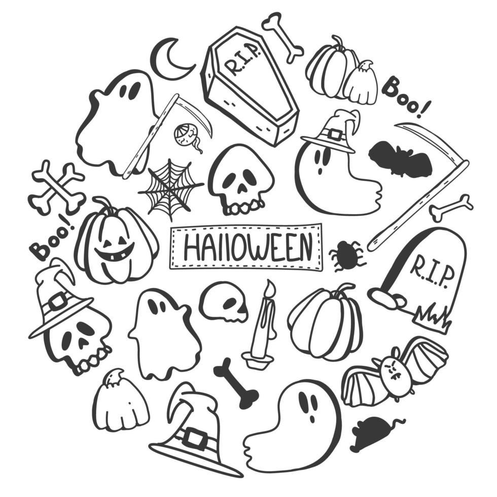Vektor-Set von Halloween-Cliparts. hand gezeichneter gekritzelkarikatur-sammlungssatz von symbolen und symbolen über den halloween-tag. lustige, niedliche illustration für design, textil, grußkarte. vektor