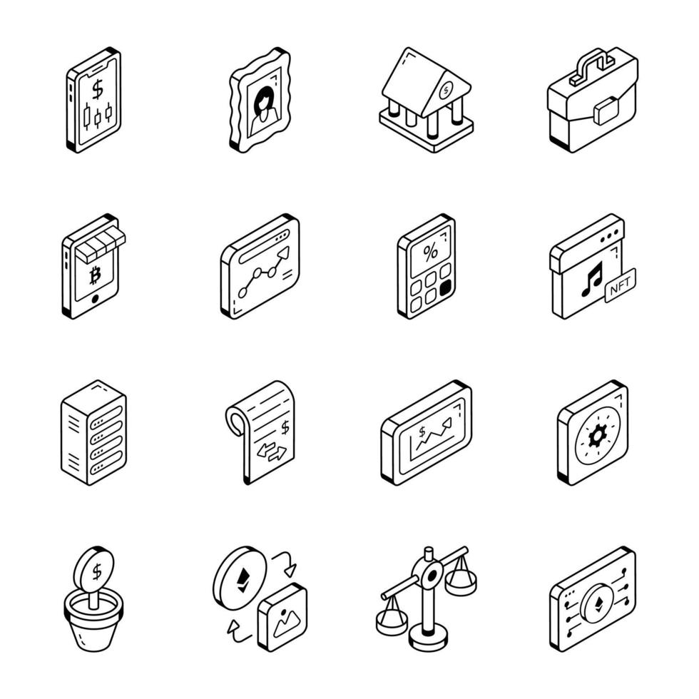 Liniensymbole der Finanztechnologie im isometrischen Stil vektor