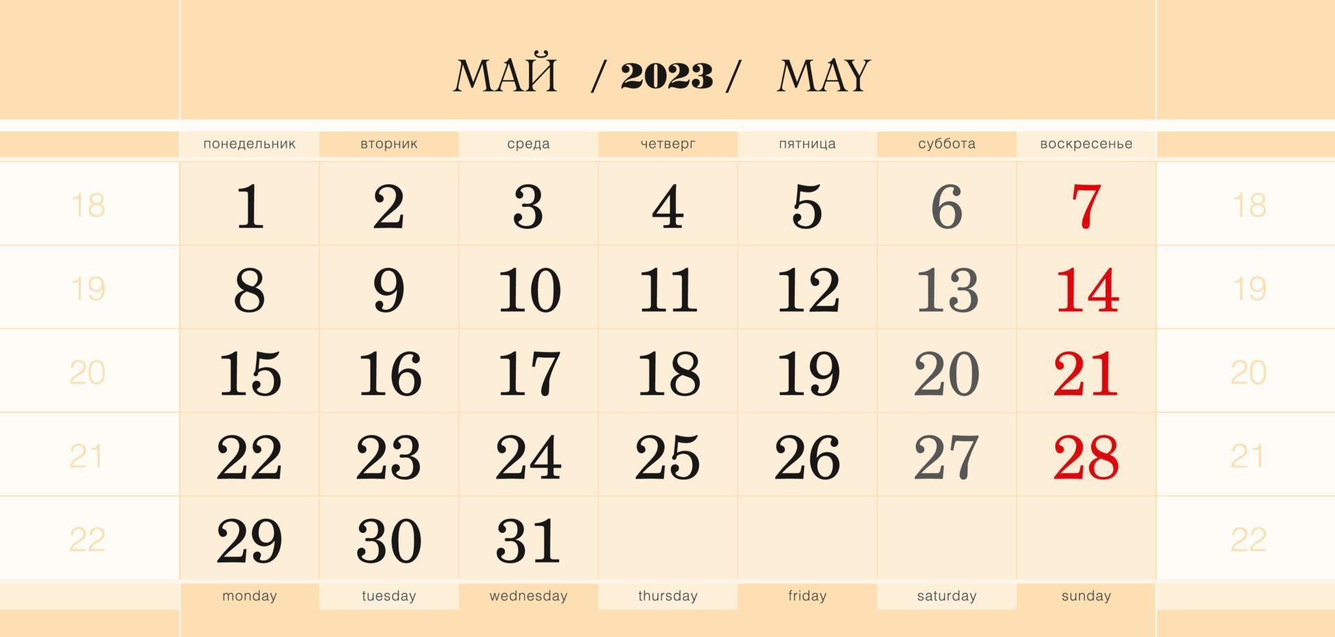 Kalendervierteljahresblock für das Jahr 2023, Mai 2023. Die Woche beginnt am Montag. vektor