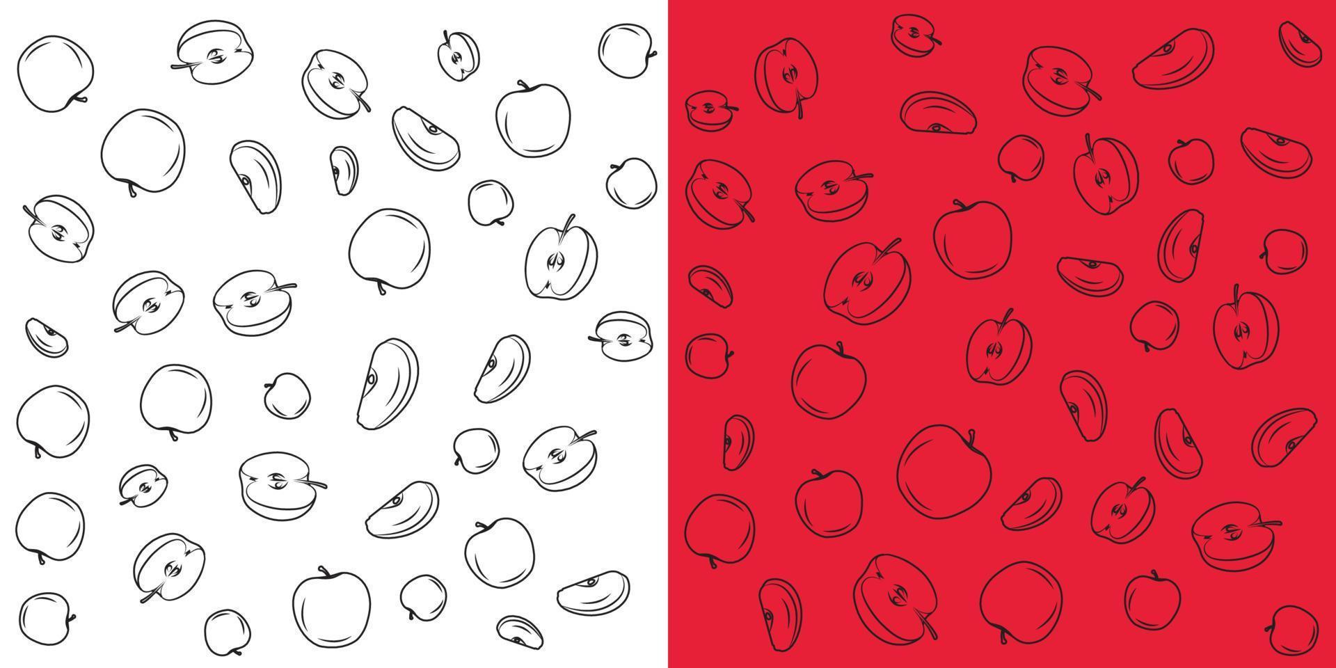 olika äpplen och äpple skivor i klotter stil. dragen vektor frukt illustration för hälsning kort, affischer, recept med två bakgrund.