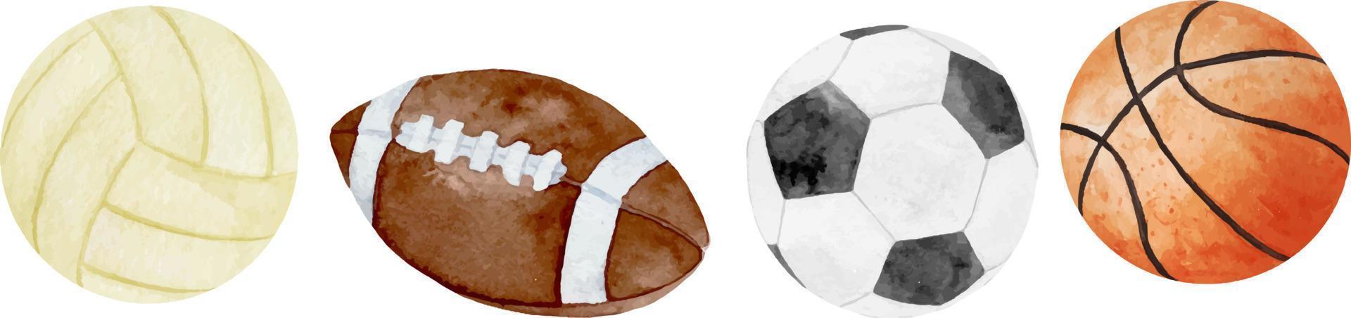 vattenfärg illustration av sport bollar uppsättning fotboll, fotboll, basketboll och baseboll isolerat på vit bakgrund vektor
