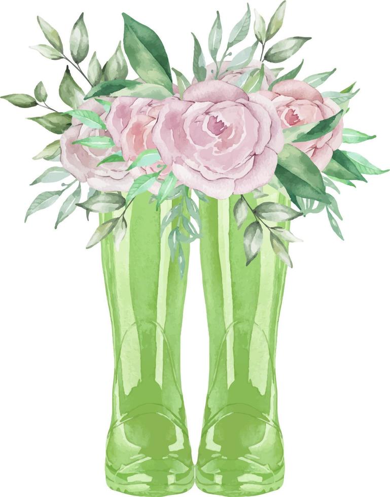 Aquarell grüne Gummistiefel mit Blumen. Hallo Herbstgrußkarte. blumengartengummistiefel mit rosen- und blattillustration. vektor