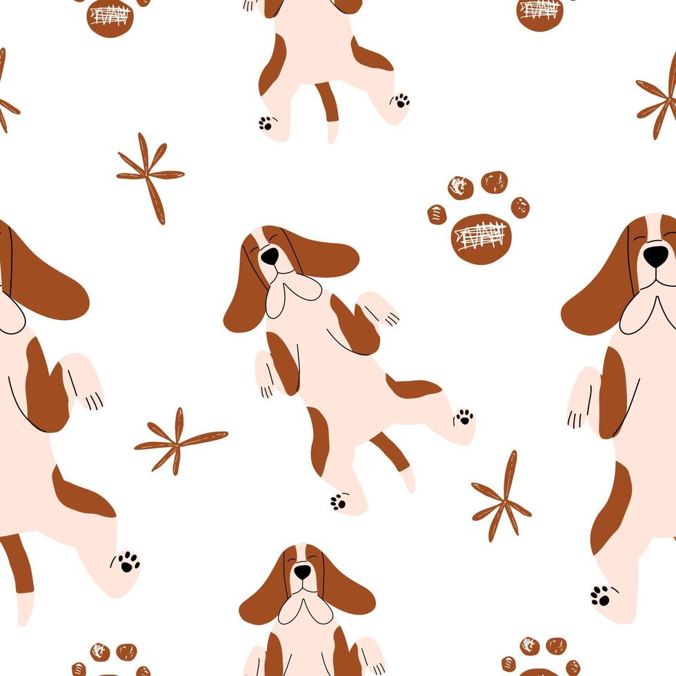 Nahtloses Muster mit süßem Basset Hound-Hund. vektorillustration in einem flachen stil. vektor