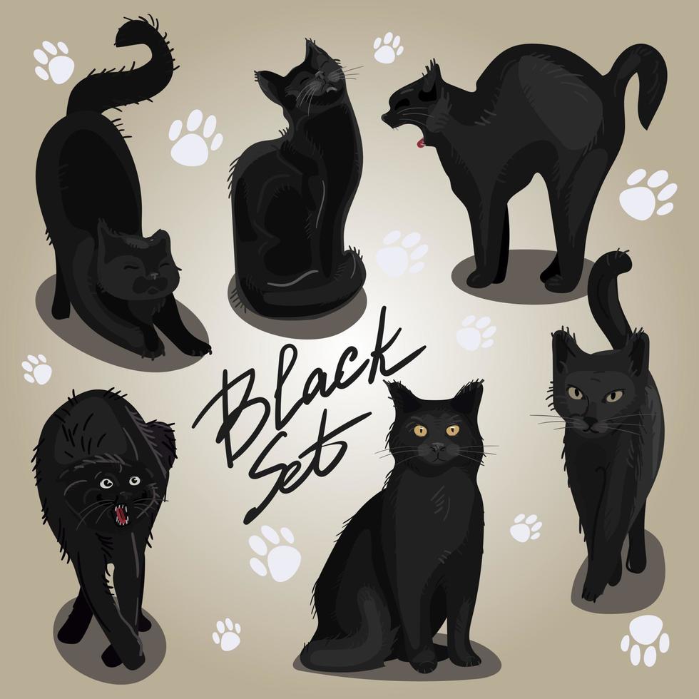 eine Reihe schwarzer Katzen in verschiedenen Posen. sammlung von katzenskizzen für halloween. perfekt spielende schwarze Kätzchen. vektorillustration von haustieren. für Kinderillustrationen, Zooprodukte. vektor