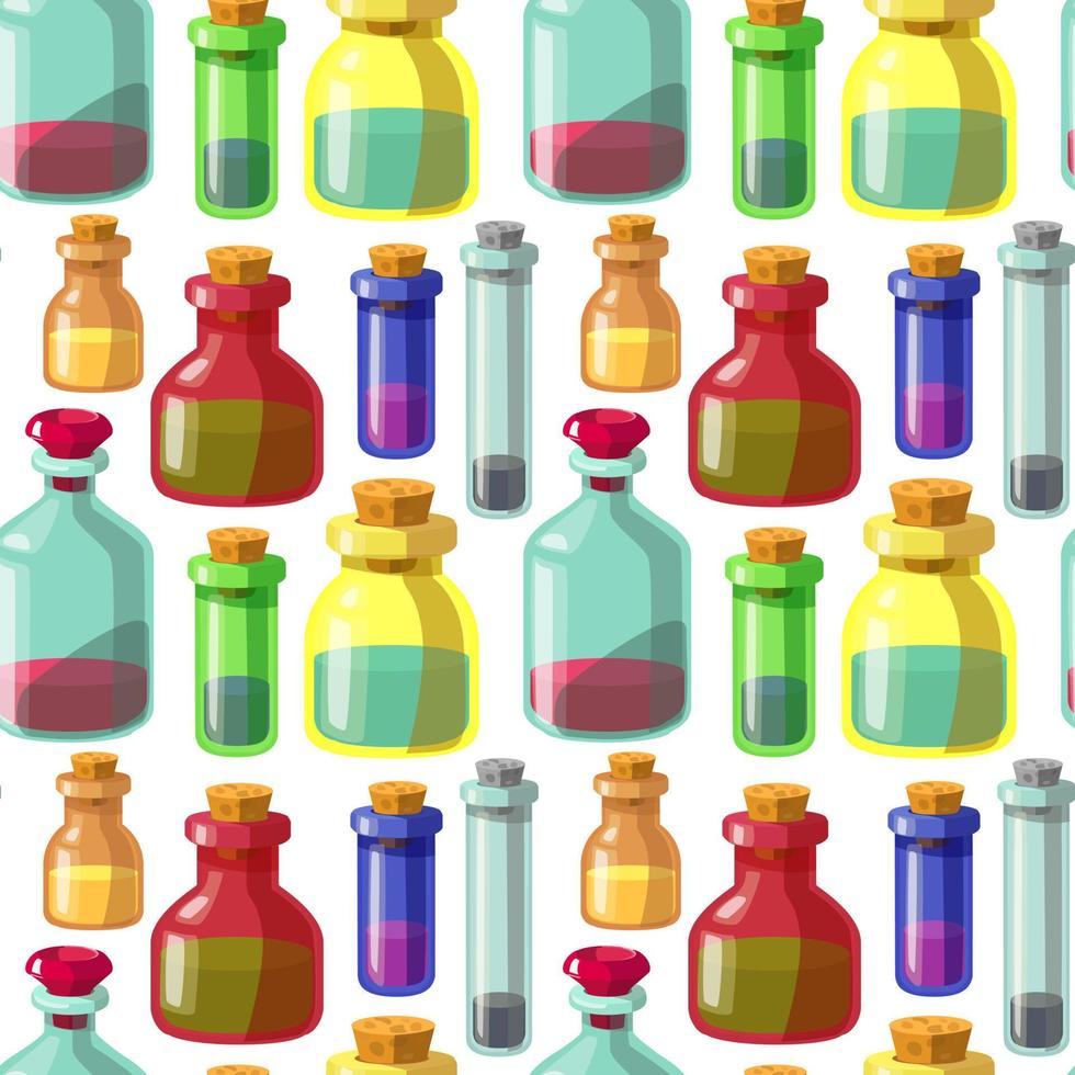 sömlös vektor mönster av förgifta flaskor. en uppsättning av färgad glas flaskor. gifter, potions, vätskor i behållare. halloween burkar.
