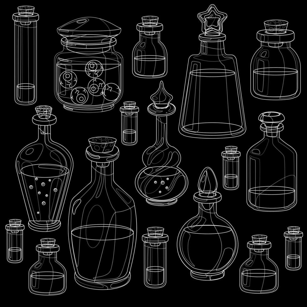 die Umrisse einer Reihe von Glasbehältern mit Giften und Tränken. Schwarz-Weiß-Gifte in Gläsern für Halloween. vektor