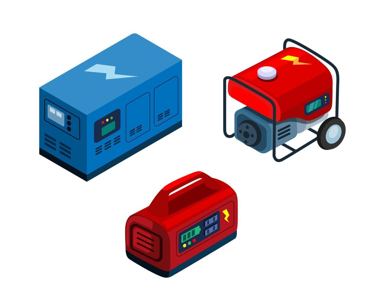 isometrischer illustrationsvektor des tragbaren sammlungssatzes der elektrischen stromversorgung des generators vektor