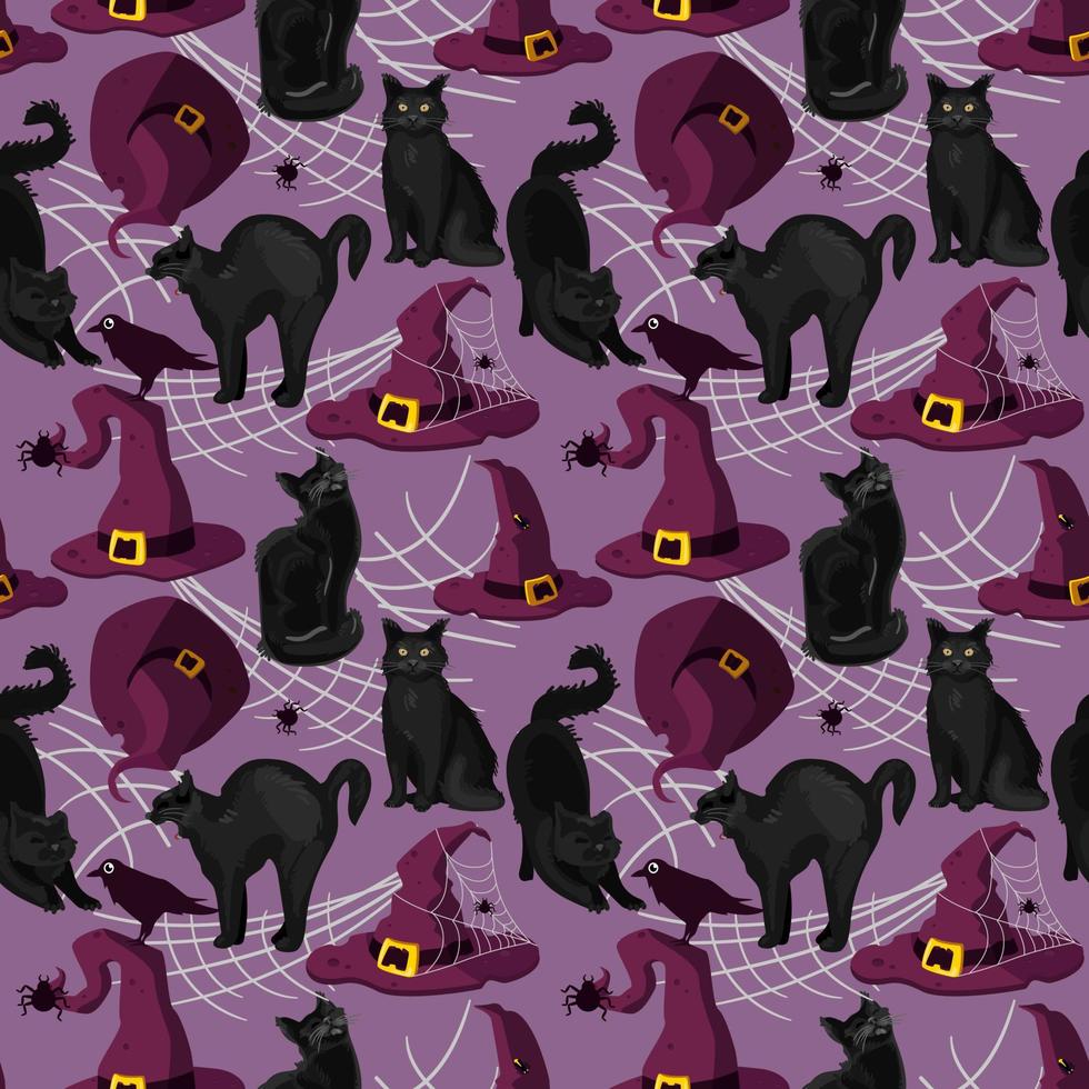 sömlös mönster svart katter och hattar i en webb. lila bakgrund för halloween. omslag papper, modern tyger, grafik, mönster. vektor