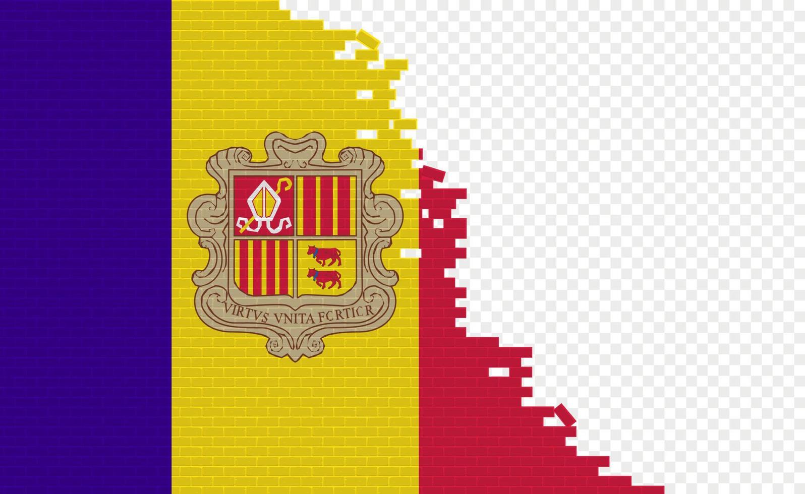 Andorra-Flagge auf gebrochener Ziegelwand. leeres Flaggenfeld eines anderen Landes. Ländervergleich. einfache Bearbeitung und Vektor in Gruppen.